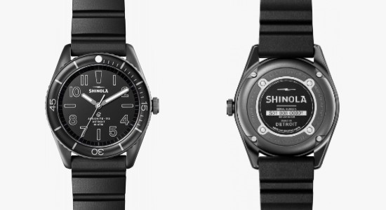 Front and back images of a black Shinola watch
