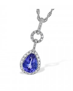 Tanzanite pear shaped gem surrounded by diamonds in a pretty pendant setting