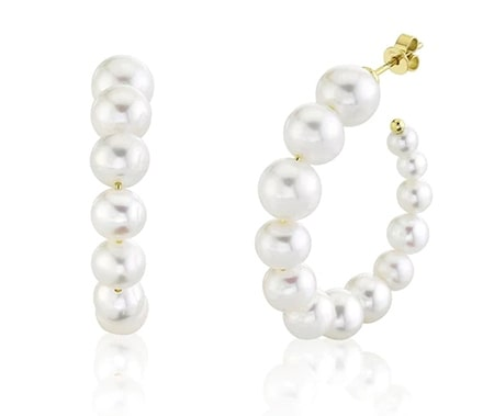 Two different views of pearl hoop earrings from Shy Creation
