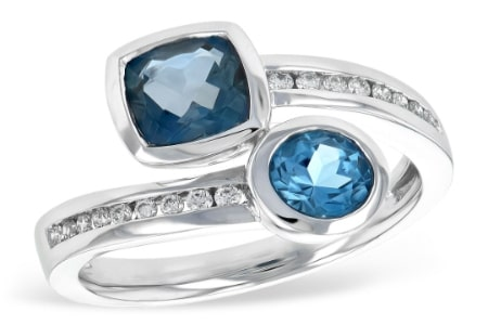 A gemstone fashion ring from Allison-Kaufman features two different shades of blue topaz