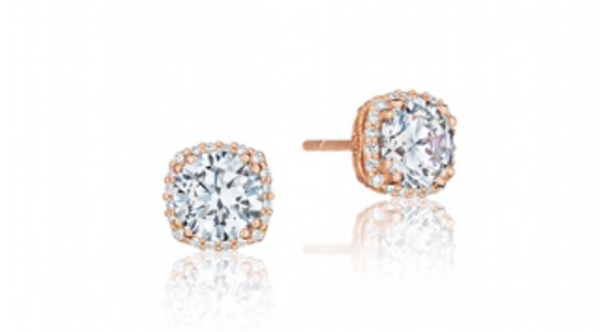 a pair of rose gold TACORI Bloom diamond stud earrings.