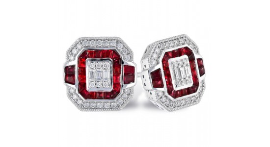 a pair of ruby and diamond stud earrings with a geometrical silhouette