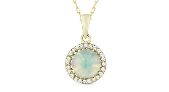a yellow gold pendant necklace featuring a round opal surrounded by diamonds