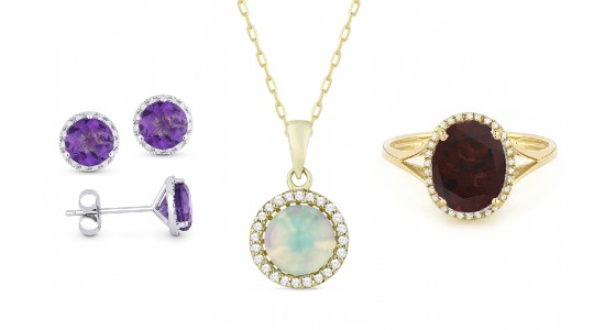 a pair of purple gemstone studs, an opal pendant necklace, and a yellow gold ring with deep red stone