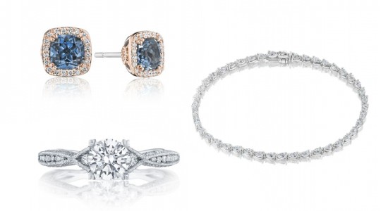 a white gold engagement ring, rose gold pair of gemstone earrings, and a white gold diamond bracelet