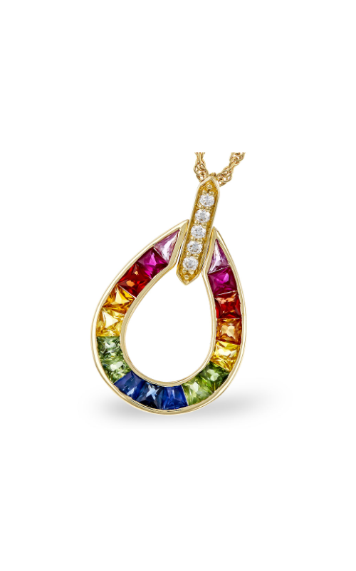 14 Karat Yellow Gold Multi Color Rainbow Sapphire And Diamond Necklace.