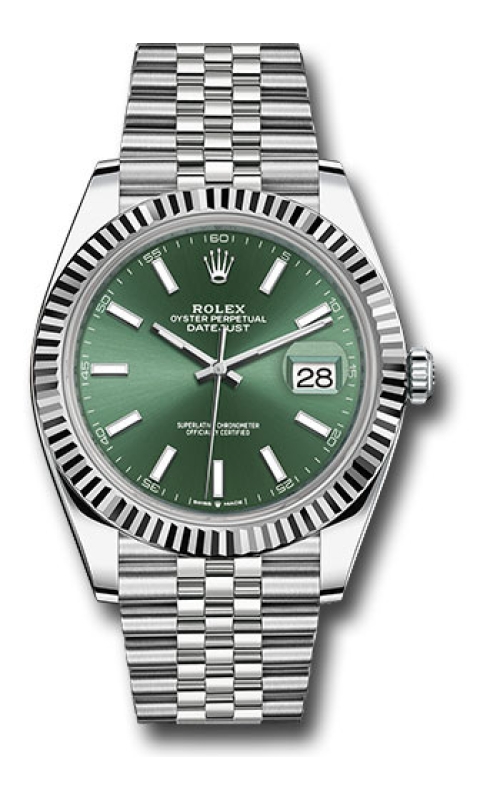 Oyster Perpetual Rolex Datejust, 41mm case size, Stainless Steel, 18 karat White Gold Fluted Bezel, Jubliee Bracelet, Mint Green Index Dial, Original Box and Papers Model #126334